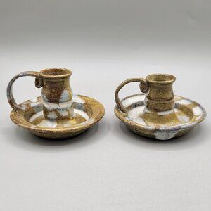 Handcrafted Pottery Taper Candle Holders Pair Stoneware Chambersticks Rustic